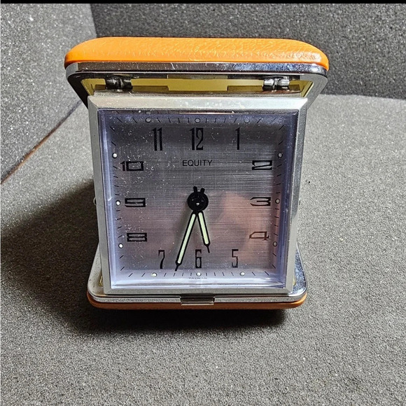 Vintage Equity Travel Alarm Clock Folding Case Orange Mechanical Wind Up 3"×3" - Picture 1 of 11